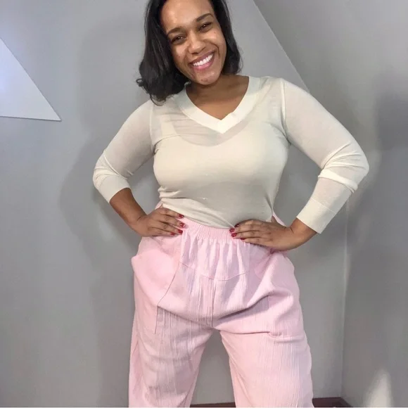 Vintage ballerina pink elastic waist cotton blend comfy lightweight ankle pants - Picture 3 of 14